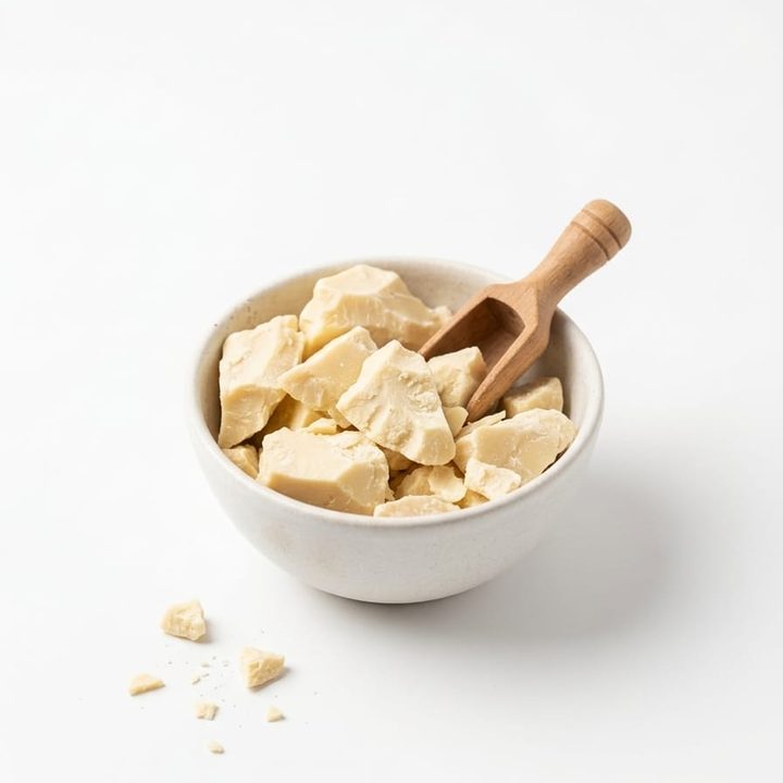 Cocoa butter chunks in a bowl with a wooden scoop