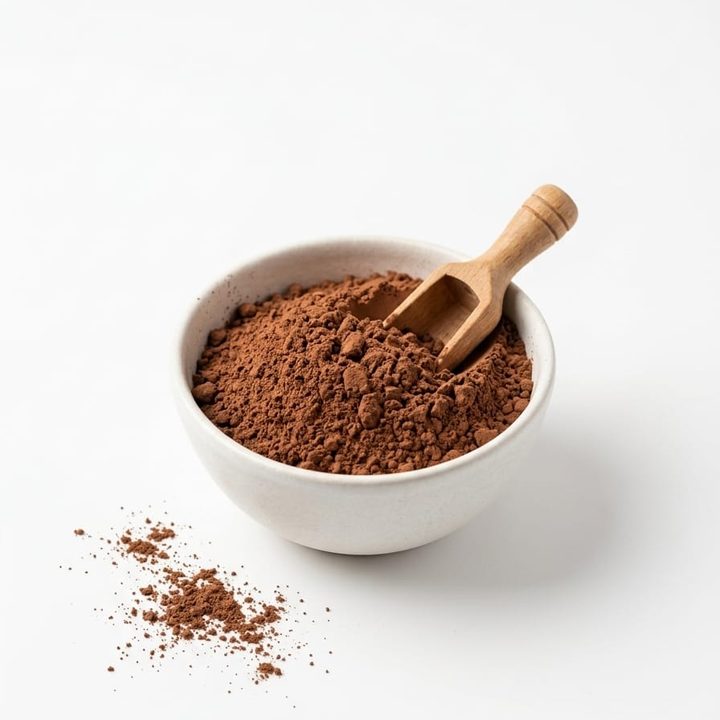 Natural cocoa powder in a bowl with a wooden scoop