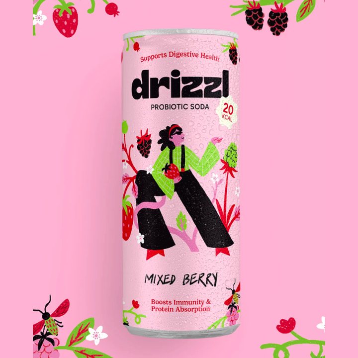 Drizzl Mixed Berry probiotic soda can, 20 kcal, supports digestive health