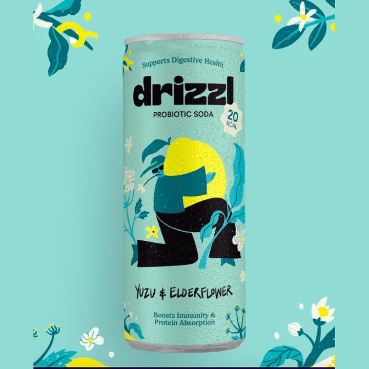 Drizzl Yuzu & Elderflower probiotic soda can, 20 kcal, supports digestive health