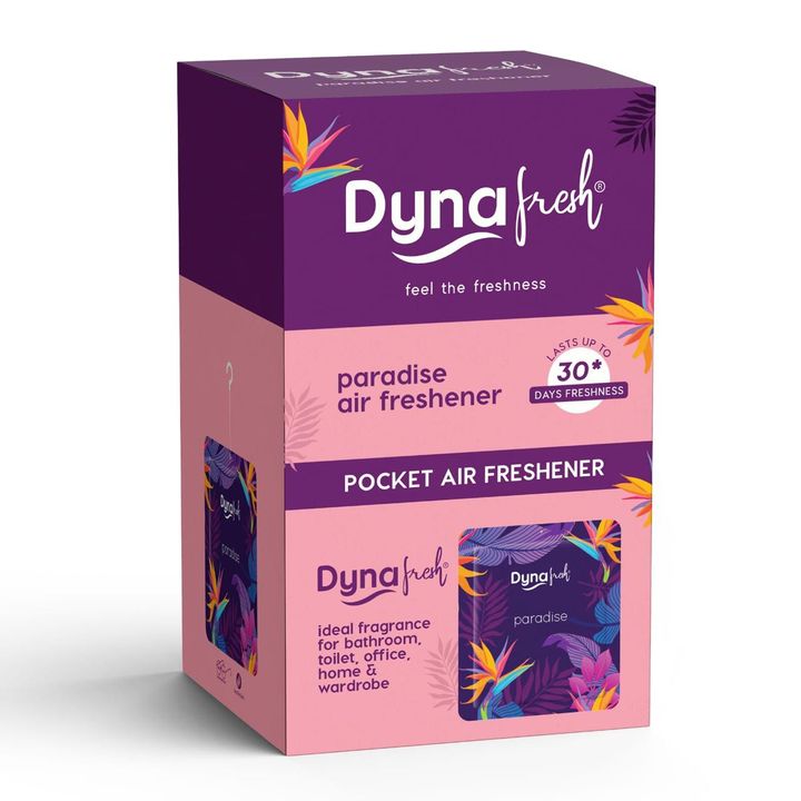 Dynafresh Paradise pocket air freshener display box, lasts up to 30 days